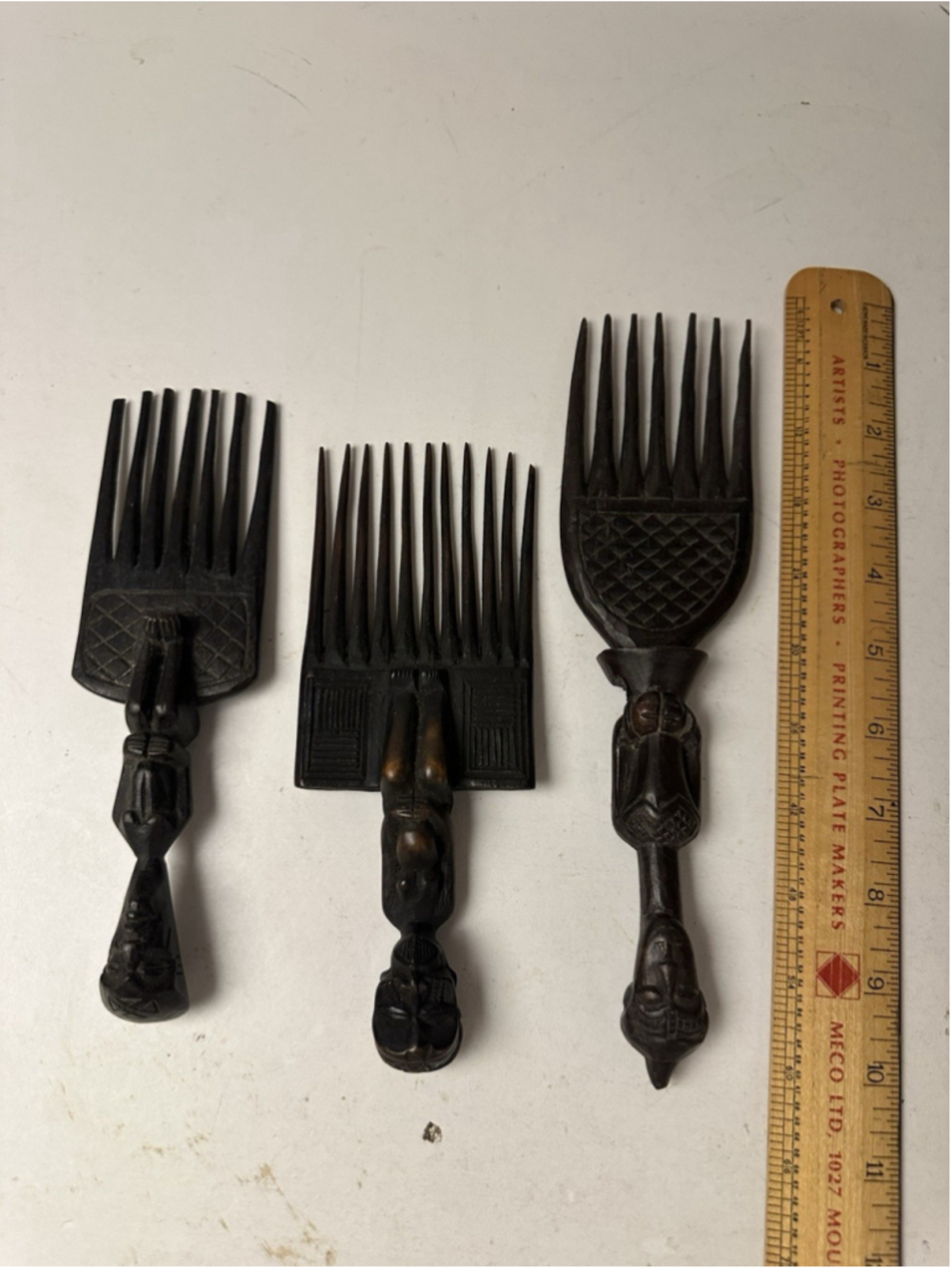Vintage Hand Carved Wooden African Afro Pick Hair Combs Tribal Figures Lot of 3 - Picture 5 of 5